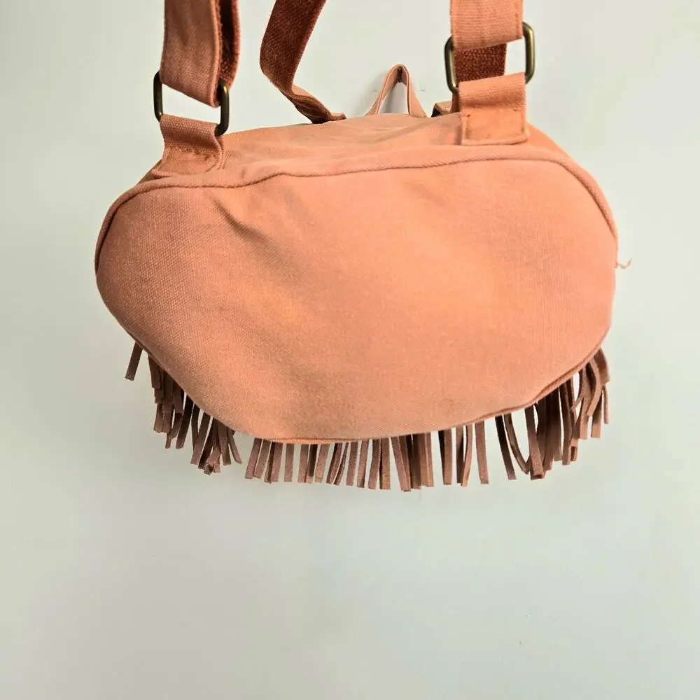 Embroidered Suede Fringe Canvas Bucket Backpack Salmon